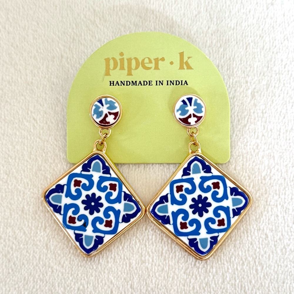 Piper K White & Blue Mosaic Tile Inspired Earrings